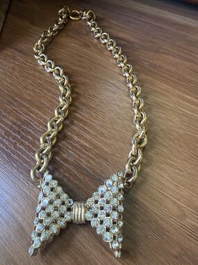 Italian Costume Gold-Tone Crystal Bow Necklace - 16”